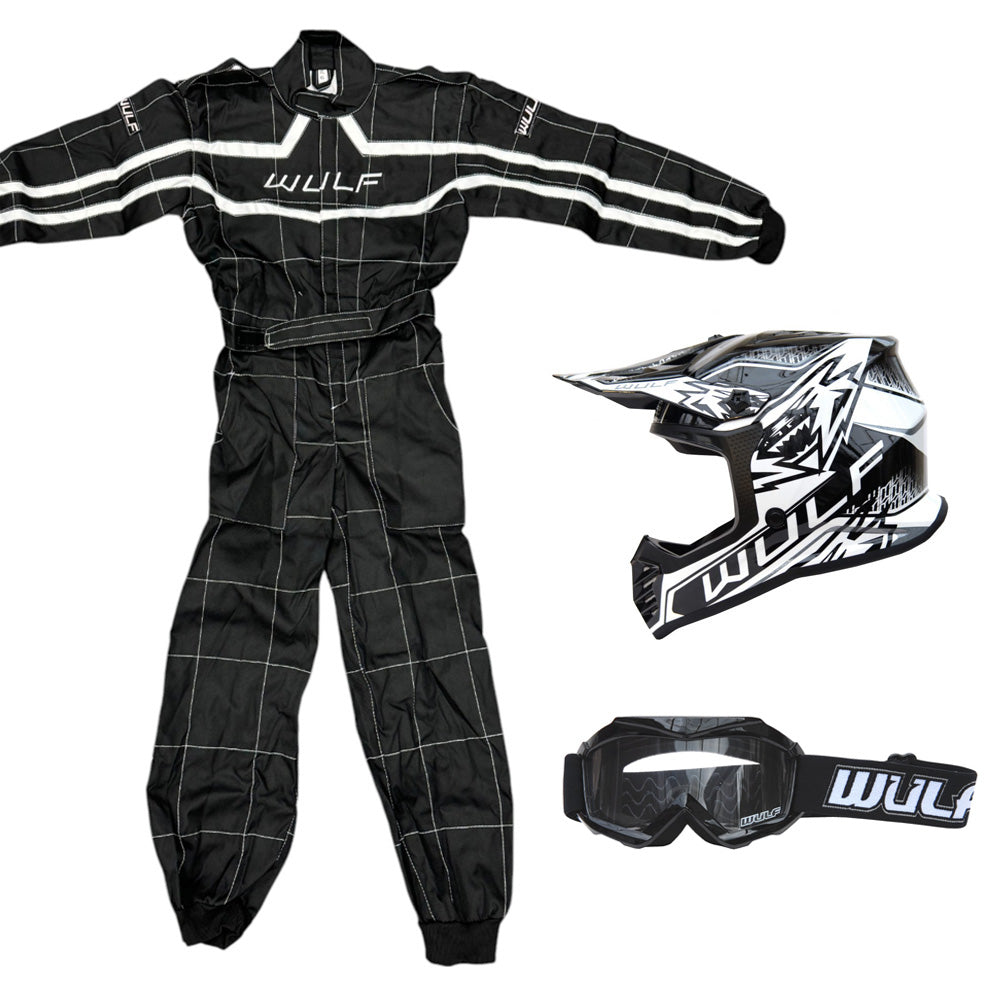 Kids Wulfsport MX Quad Motocross Overall, Helmet & Goggles Black Set #O4