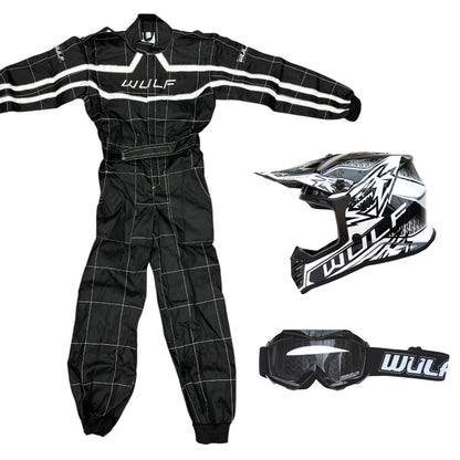 Kids Wulfsport MX Quad Motocross Overall, Helmet & Goggles Black Set #O4