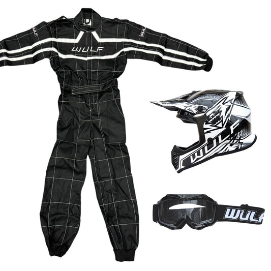 Kids Wulfsport MX Quad Motocross Overall, Helmet & Goggles Black Set #O4