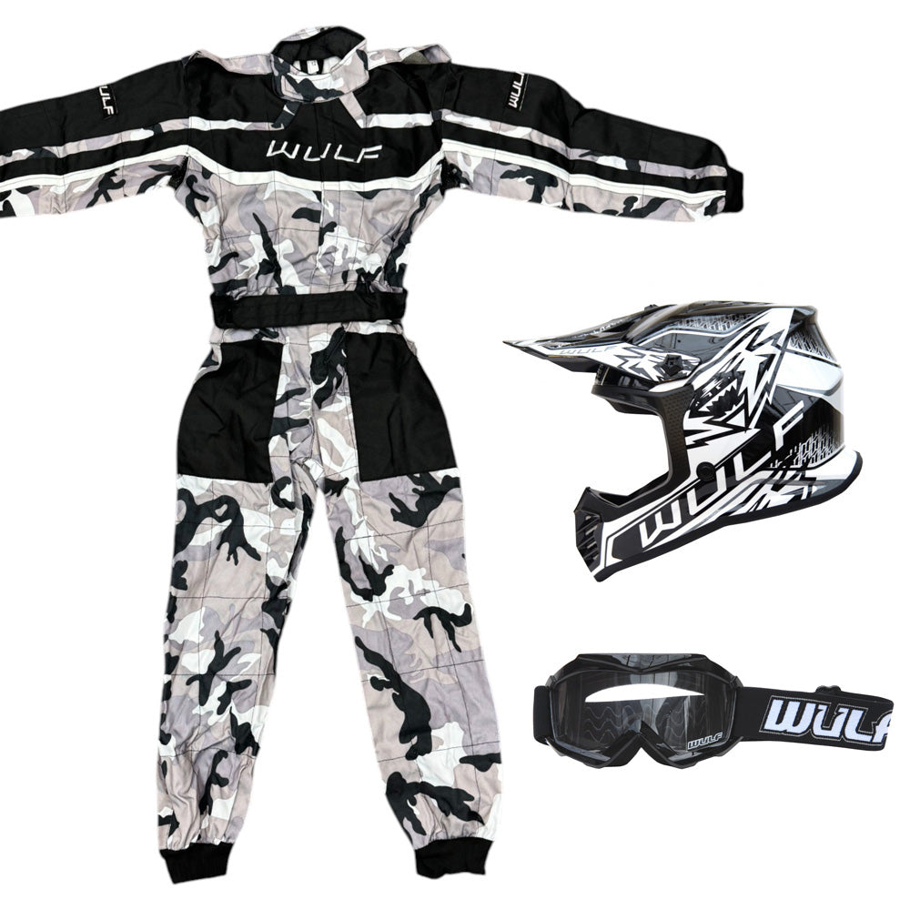 Kids Wulfsport MX Quad Motocross Overall, Helmet & Goggles Black Camo Set #O4