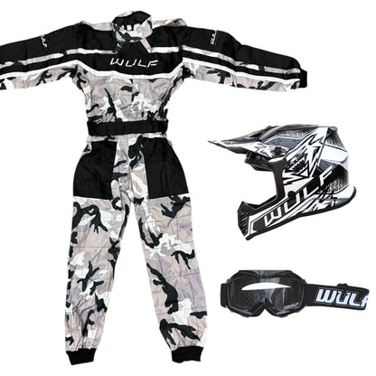 Kids Wulfsport MX Quad Motocross Overall, Helmet & Goggles Black Camo Set #O4