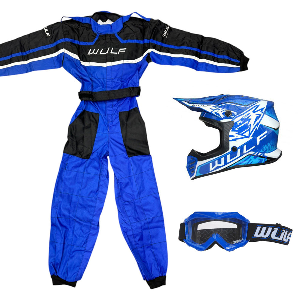 Kids Wulfsport MX Quad Motocross Overall, Helmet & Goggles Blue Set #O4