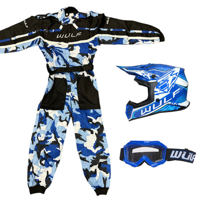 Kids Wulfsport MX Quad Motocross Overall, Helmet & Goggles Blue Camo Set #O4