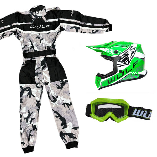 Kids Wulfsport MX Quad Motocross Overall, Helmet & Goggles Green Camo Set #O4