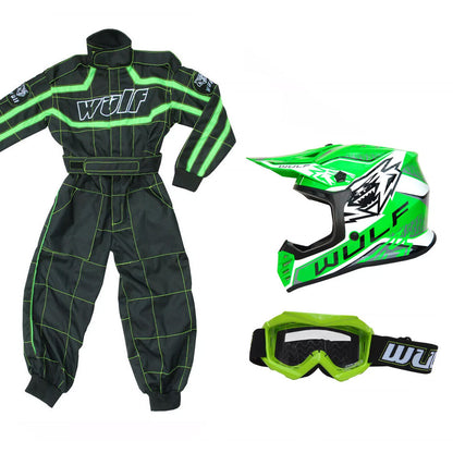 Kids Wulfsport MX Quad Motocross Overall, Helmet & Goggles Green Set #O4