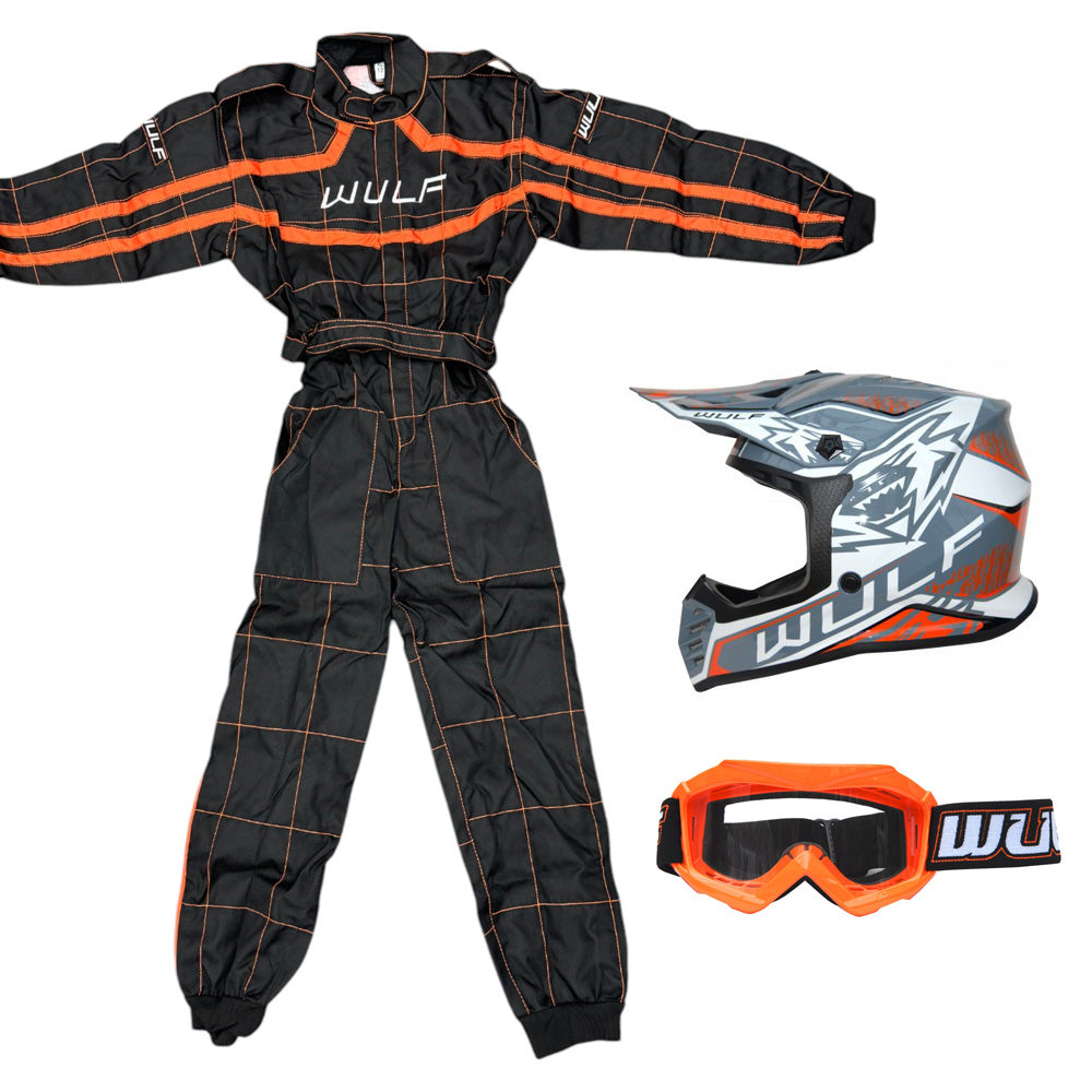 Kids Wulfsport MX Quad Motocross Overall, Helmet & Goggles Orange Set #O4