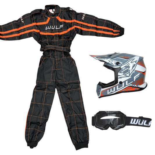 Kids Wulfsport MX Quad Motocross Overall, Helmet & Goggles Orange Set #O4