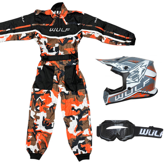 Kids Wulfsport MX Quad Motocross Overall, Helmet & Goggles Orange Camo Set #O4