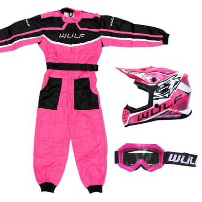 Kids Wulfsport MX Quad Motocross Overall, Helmet & Goggles Pink Set #O4