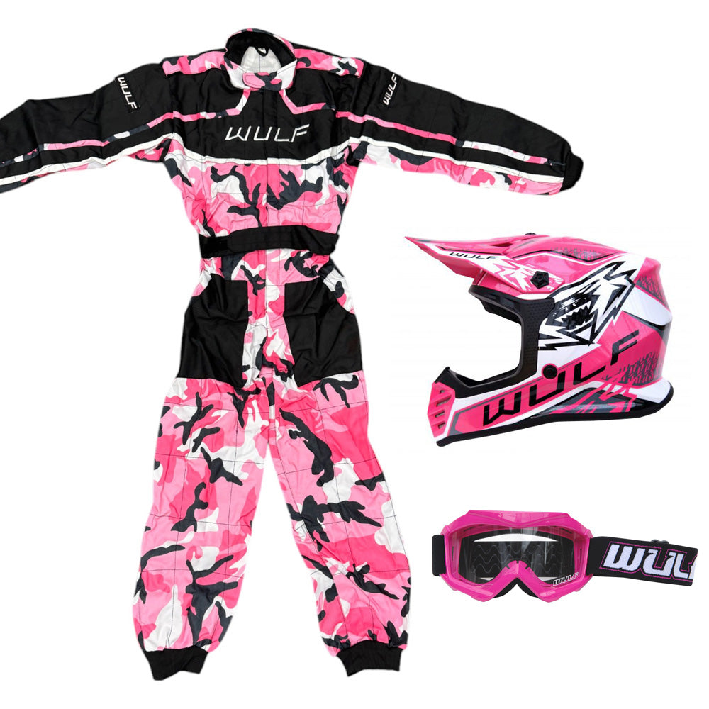 Kids Wulfsport MX Quad Motocross Overall, Helmet & Goggles Pink Camo Set #O4