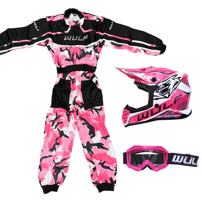 Kids Wulfsport MX Quad Motocross Overall, Helmet & Goggles Pink Camo Set #O4