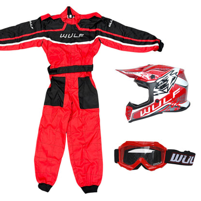 Kids Wulfsport MX Quad Motocross Overall, Helmet & Goggles Red Set #O4