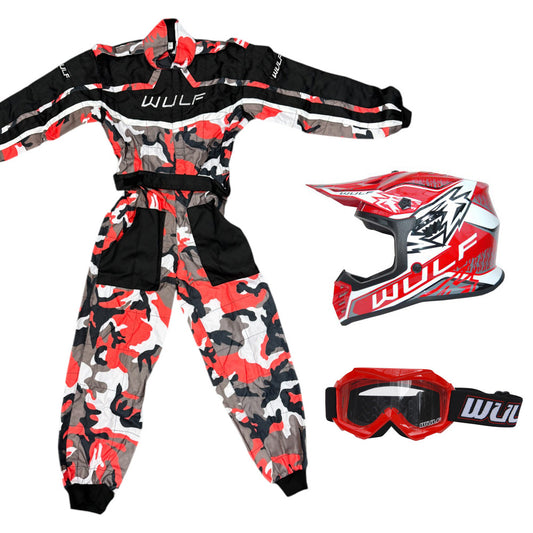 Kids Wulfsport MX Quad Motocross Overall, Helmet & Goggles Red Camo Set #O4