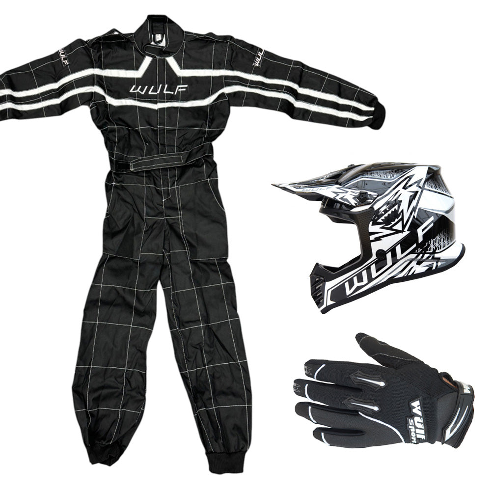 Kids Wulfsport MX Quad Motocross Overall, Helmet & Gloves Black Set #O5