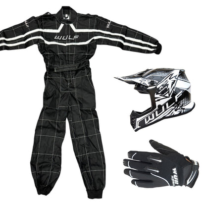Kids Wulfsport MX Quad Motocross Overall, Helmet & Gloves Black Set #O5