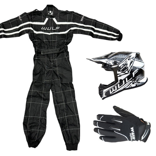 Kids Wulfsport MX Quad Motocross Overall, Helmet & Gloves Black Set #O5