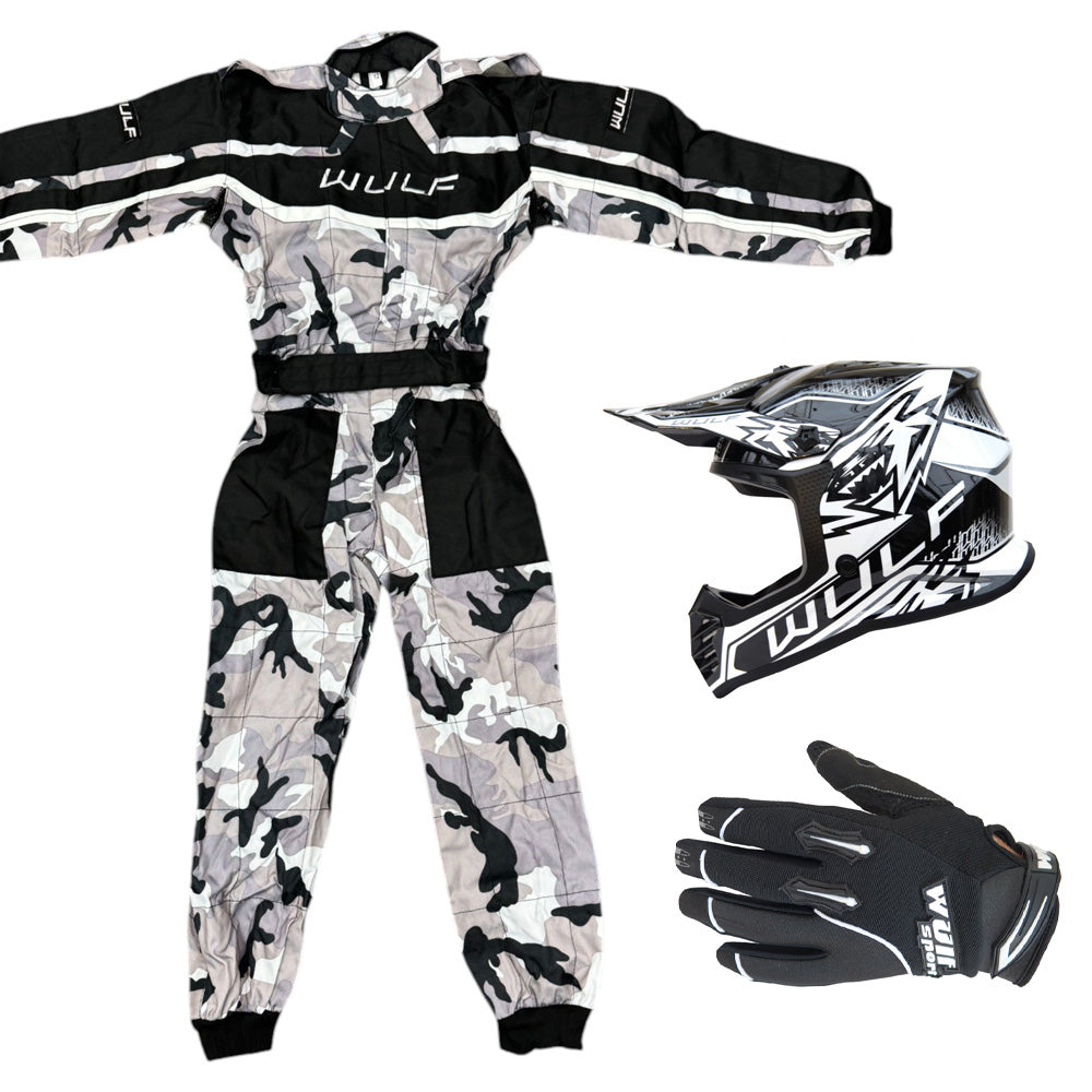 Kids Wulfsport MX Quad Motocross Overall, Helmet & Gloves Black Camo Set #O5