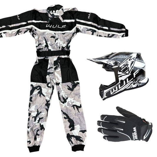 Kids Wulfsport MX Quad Motocross Overall, Helmet & Gloves Black Camo Set #O5