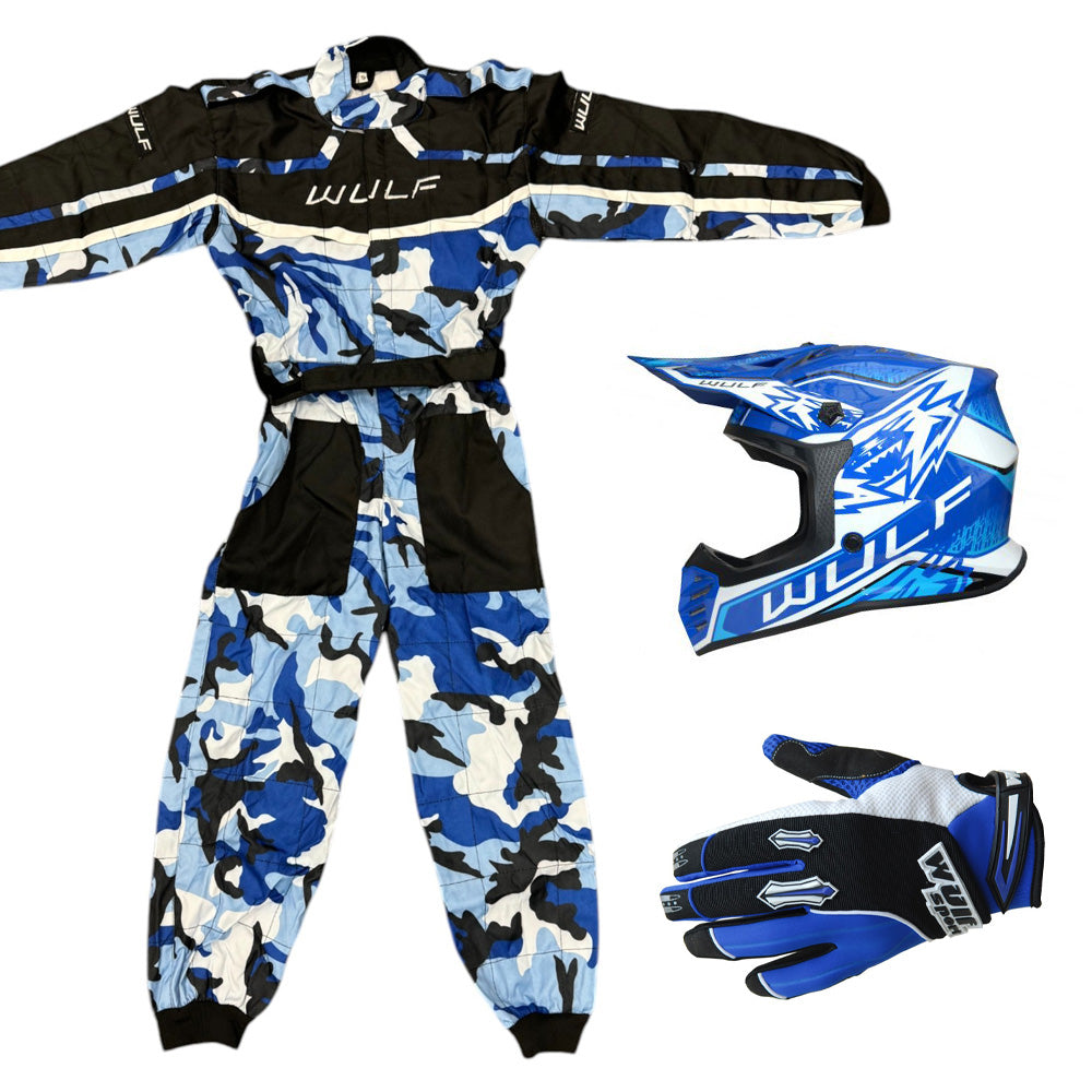 Kids Wulfsport MX Quad Motocross Overall, Helmet & Gloves Blue Camo Set #O5