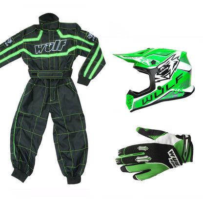 Kids Wulfsport MX Quad Motocross Overall, Helmet & Gloves Green Set #O5