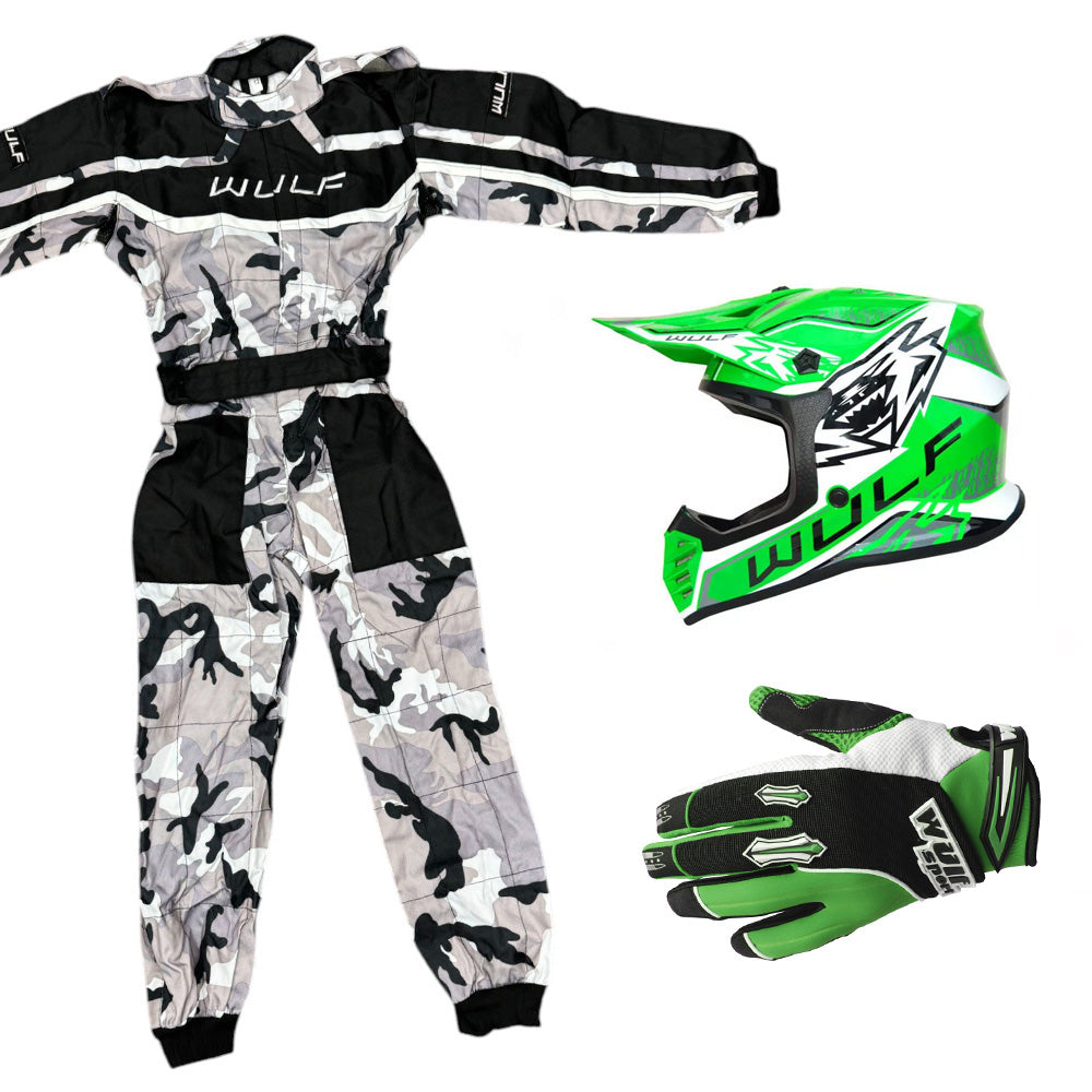 Kids Wulfsport MX Quad Motocross Overall, Helmet & Gloves Green Camo Set #O5