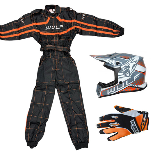 Kids Wulfsport MX Quad Motocross Overall, Helmet & Gloves Orange Set #O5