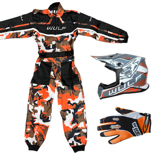 Kids Wulfsport MX Quad Motocross Overall, Helmet & Gloves Orange Camo Set #O5