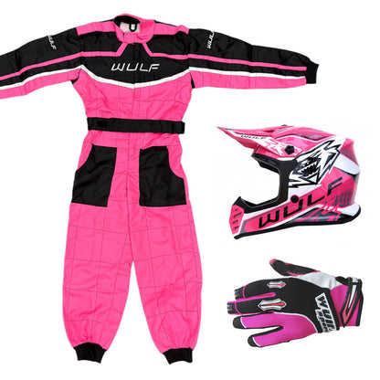 Kids Wulfsport MX Quad Motocross Overall, Helmet & Gloves Pink Set #O5