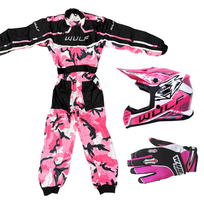 Kids Wulfsport MX Quad Motocross Overall, Helmet & Gloves Pink Camo Set #O5