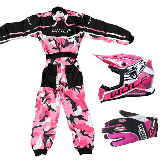 Kids Wulfsport MX Quad Motocross Overall, Helmet & Gloves Pink Camo Set #O5