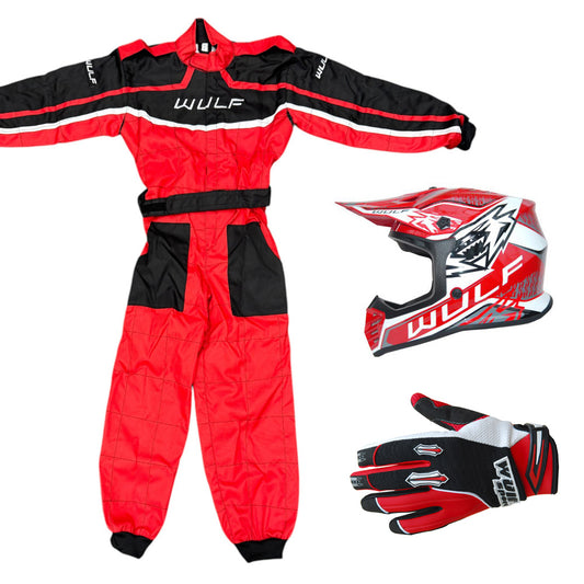 Kids Wulfsport MX Quad Motocross Overall, Helmet & Gloves Red Set #O5