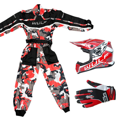 Kids Wulfsport MX Quad Motocross Overall, Helmet & Gloves Red Camo Set #O5