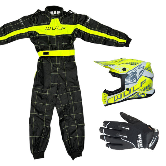 Kids Wulfsport MX Quad Motocross Overall, Helmet & Gloves Yellow Set #O5