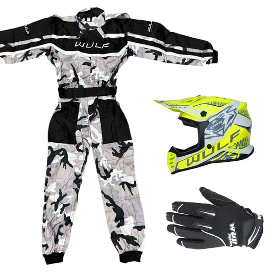Kids Wulfsport MX Quad Motocross Overall, Helmet & Gloves Yellow Camo Set #O5