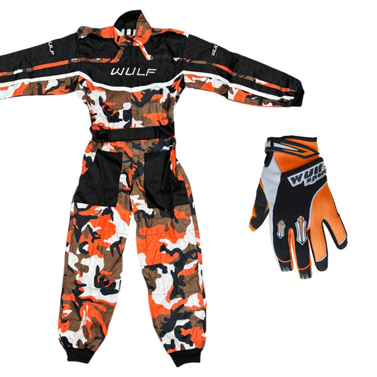 Kids Wulfsport MX Motocross Overall & Gloves Orange Camo Set #O1