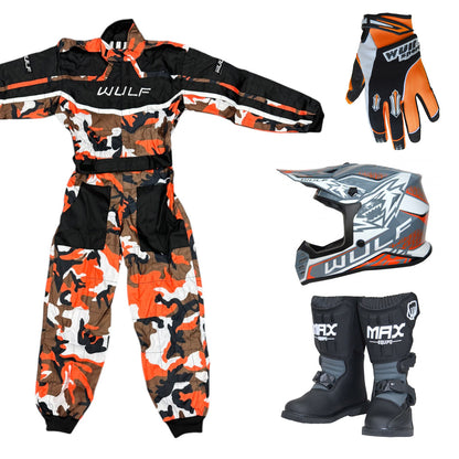 Kids Wulfsport MX Quad Motocross Overall, Helmet, Boots & Gloves Orange Camo Set #MO6