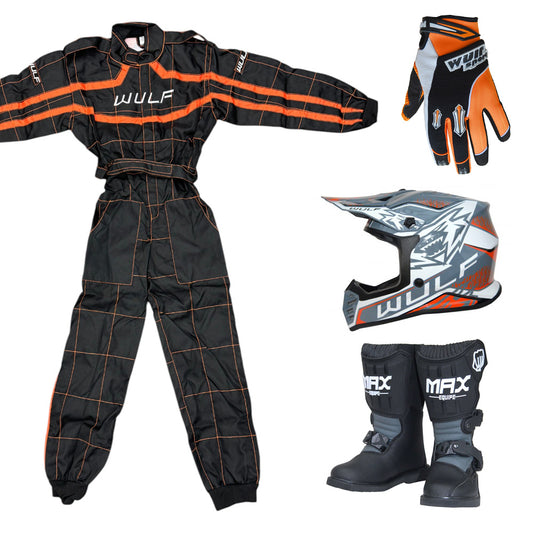 Kids Wulfsport MX Quad Motocross Overall, Helmet, Boots & Gloves Orange Set #MO6