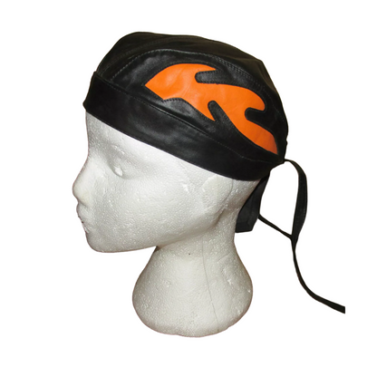 Kids Childrens Youth Leather Flamed Motorcycle Headwear Zandana Black / Orange