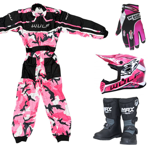 Kids Wulfsport MX Quad Motocross Overall, Helmet, Boots & Gloves Pink Camo Set #MO6