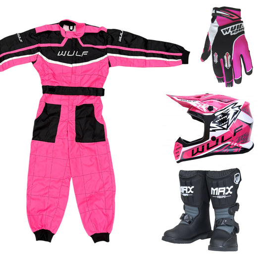 Kids Wulfsport MX Quad Motocross Overall, Helmet, Boots & Gloves Pink Set #MO6