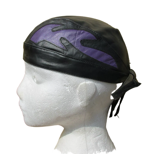 Kids Childrens Youth Leather Flamed Motorcycle Headwear Zandana Black / Purple