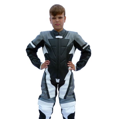 Kids Motorcycle Mini Moto One Piece Full Leather Race Track Suit Black / White