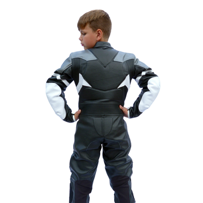 Kids Motorcycle Mini Moto One Piece Full Leather Race Track Suit Black / White