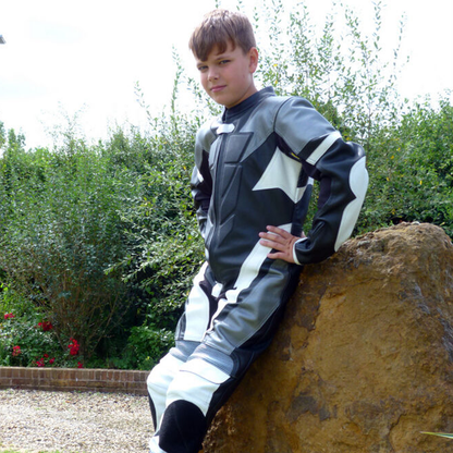 Kids Motorcycle Mini Moto One Piece Full Leather Race Track Suit Black / White