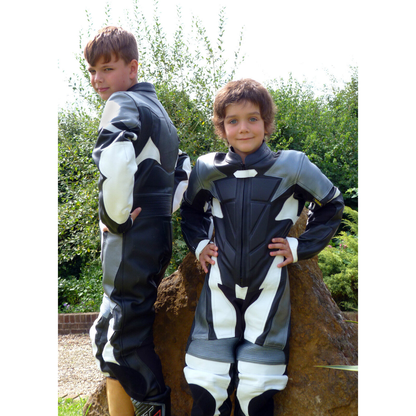 Kids Motorcycle Mini Moto One Piece Full Leather Race Track Suit Black / White