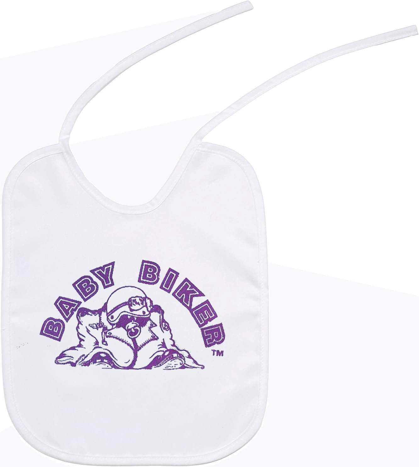  White small tie bib with a screen printed purple baby biker design