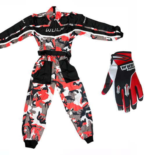 Kids Wulfsport MX Motocross Overall & Gloves Red Camo Set #O1