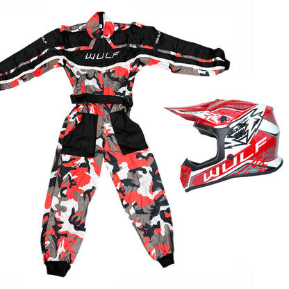 Kids Wulfsport MX Quad Motocross Overall & Helmet Red Camo Set #O2