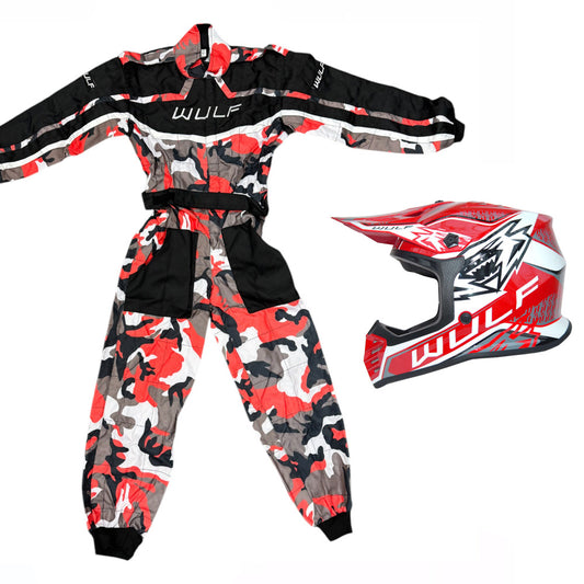 Kids Wulfsport MX Quad Motocross Overall & Helmet Red Camo Set #O2