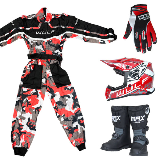 Kids Wulfsport MX Quad Motocross Overall, Helmet, Boots & Gloves Red Camo Set #MO6
